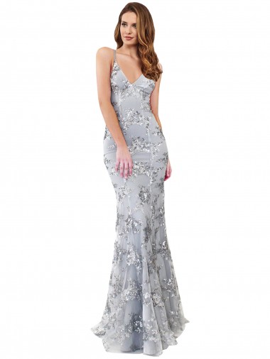 Argento Stile sirena Alto Collo Crespo Elastico Paillettes Tulle Lunga Formali Abiti da damigella donore / Abiti da sera / Abiti da ballo Outlet