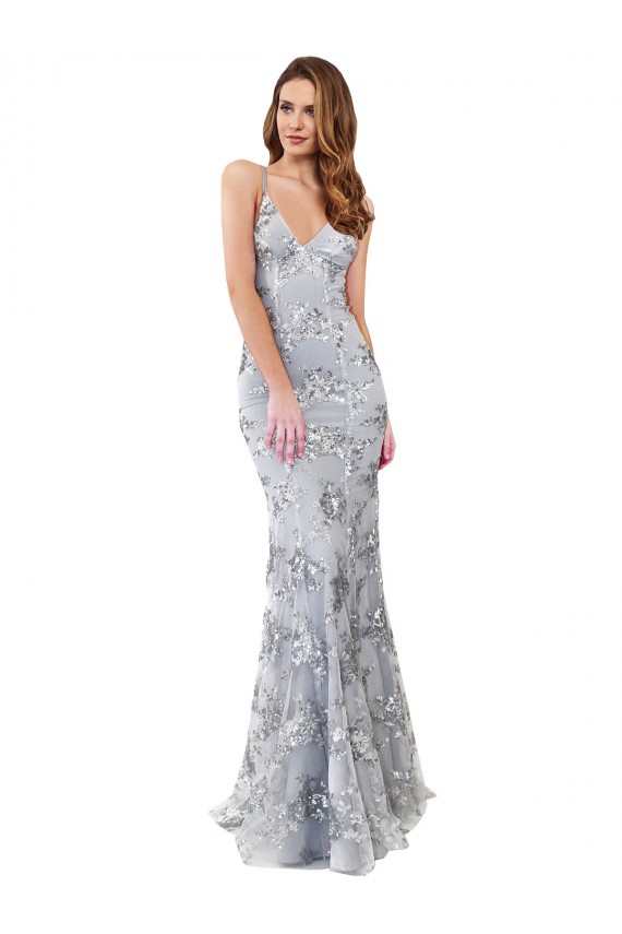 Argento Stile sirena Alto Collo Crespo Elastico Paillettes Tulle Lunga Formali Abiti da damigella donore / Abiti da sera / Abiti da ballo Outlet
