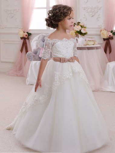 Avorio Abito da ballo Alto Collo Tulle Pizzo Lunga Abiti da ragazza di fiori Outlet