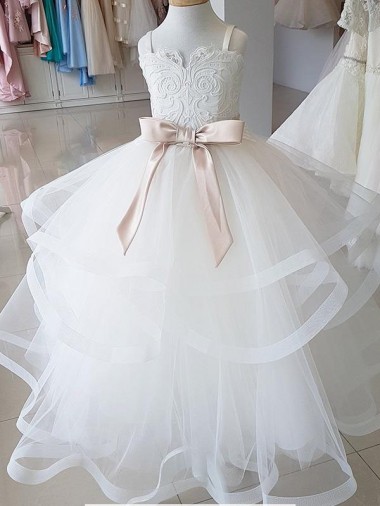 Avorio Abito da ballo Alto Collo Tulle Pizzo Lunga Abiti da ragazza di fiori Outlet