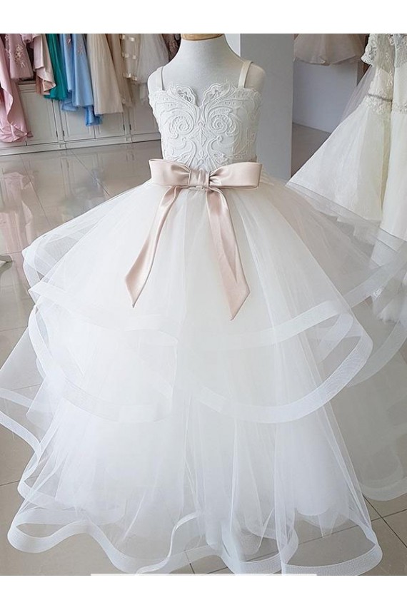 Avorio Abito da ballo Alto Collo Tulle Pizzo Lunga Abiti da ragazza di fiori Outlet