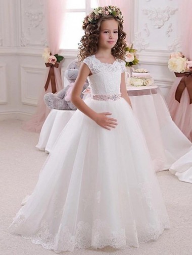 Avorio Abito da ballo Alto Collo Tulle Pizzo Lunga Abiti da ragazza di fiori Outlet