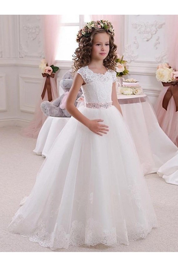 Avorio Abito da ballo Alto Collo Tulle Pizzo Lunga Abiti da ragazza di fiori Outlet