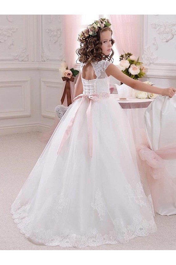 Avorio Abito da ballo Alto Collo Tulle Pizzo Lunga Abiti da ragazza di fiori Outlet