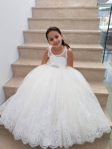 Avorio Abito da ballo Alto Collo Tulle Pizzo Lunga Abiti da ragazza di fiori Outlet