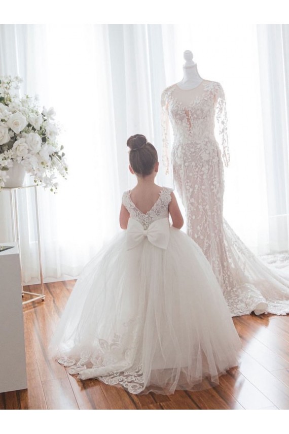 Avorio Abito da ballo Barca Tulle Pizzo Lunga Abiti da ragazza di fiori Outlet