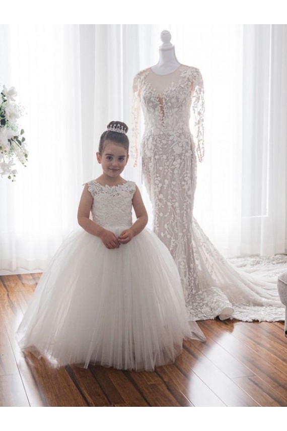 Avorio Abito da ballo Barca Tulle Pizzo Lunga Abiti da ragazza di fiori Outlet