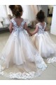 Avorio Abito da ballo Barca Tulle Pizzo Lunga Abiti da ragazza di fiori Outlet