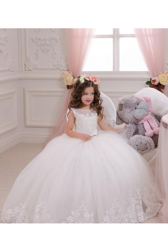 Avorio Abito da ballo Barca Tulle Pizzo Lunga Abiti da ragazza di fiori Outlet