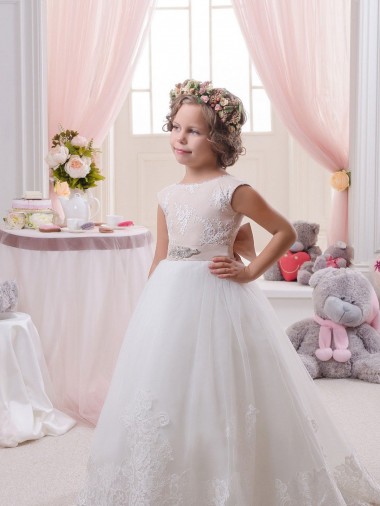 Avorio Abito da ballo Barca Tulle Pizzo Lunga Abiti da ragazza di fiori Outlet