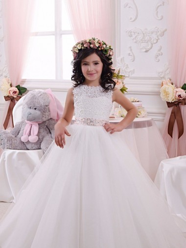 Avorio Abito da ballo Barca Tulle Pizzo Lunga Abiti da ragazza di fiori Outlet