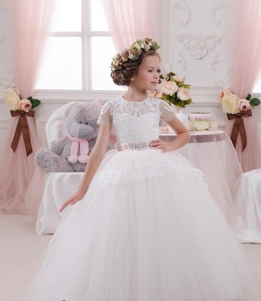 Avorio Abito da ballo Innamorato Tulle Pizzo Lunga Abiti da ragazza di fiori Outlet