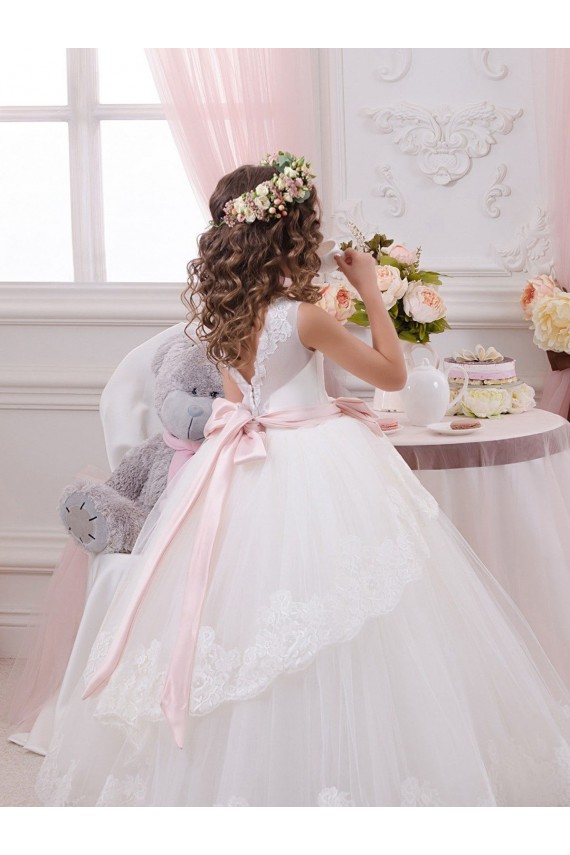 Avorio Abito da ballo Innamorato Tulle Pizzo Lunga Abiti da ragazza di fiori Outlet