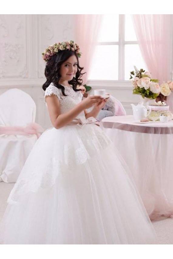 Avorio Abito da ballo Innamorato Tulle Pizzo Lunga Abiti da ragazza di fiori Outlet