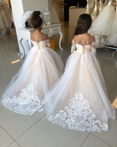 Avorio Abito da ballo Innamorato Tulle Pizzo Lunga Abiti da ragazza di fiori Outlet
