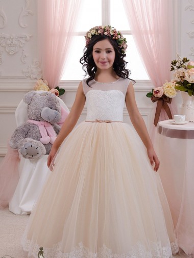 Avorio & Champagne Abito da ballo Innamorato Tulle Pizzo Lunga Abiti da ragazza di fiori Outlet