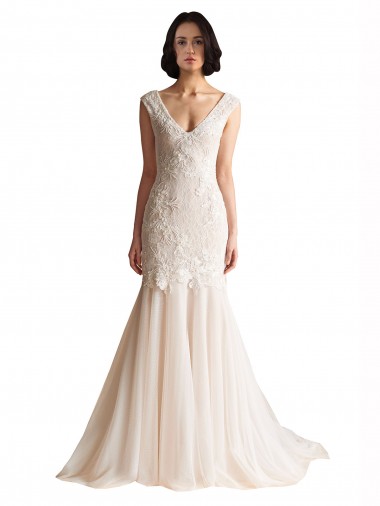 Avorio & Champagne Stile sirena Scollatura a V Sweep treno Tulle Abiti da sposa Outlet