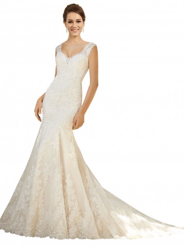 Avorio & Champagne Stile sirena Scollatura a V Tulle Pizzo Abiti da sposa Outlet