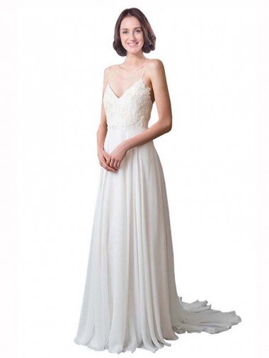Avorio Linea A Sottili Scollatura a V Chiffona Pizzo Spiaggia Abiti da sposa Outlet