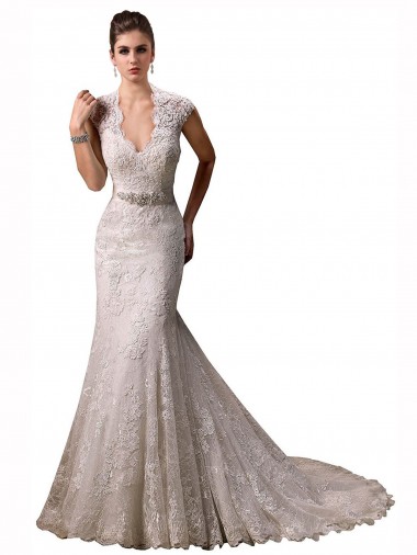 Avorio Stile sirena Capestro Scollatura a V Pizzo Abiti da sposa Outlet