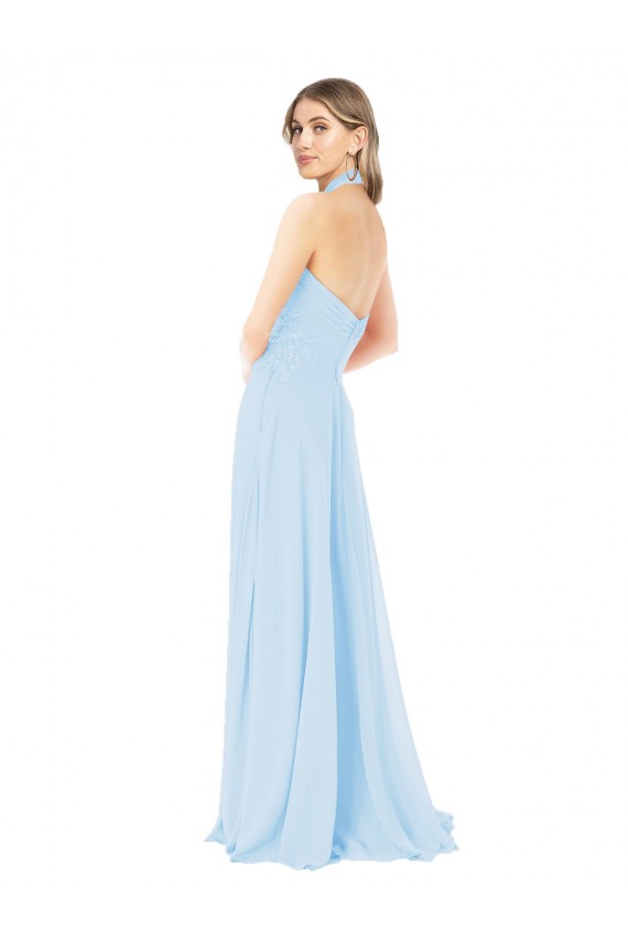 Azzurro cielo Linea A Capestro Alto Collo Chiffona Lunga Abiti da damigella donore Outlet