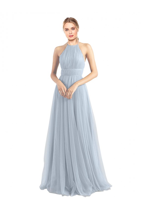 Azzurro cielo Linea A Capestro Tulle Lunga Abiti da damigella donore Outlet