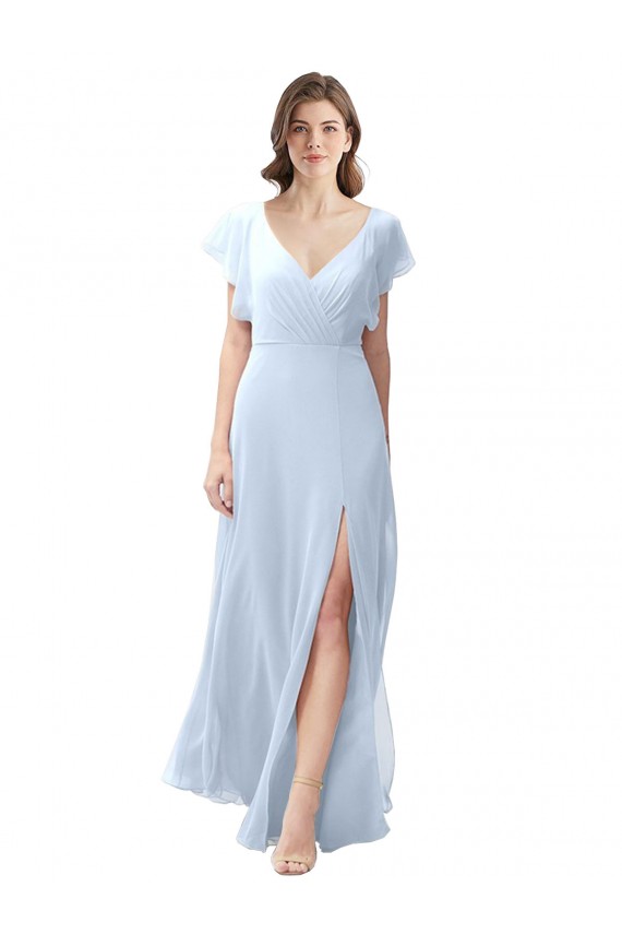 Azzurro cielo Linea A Scollatura a V Chiffona Lunga Abiti da damigella donore Outlet