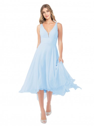 Azzurro cielo Linea A Scollatura a V Midi Chiffona Corto Abiti da damigella donore / Abiti da cocktail Outlet