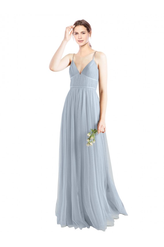 Azzurro cielo Linea A Sottili Scollatura a V Tulle Lunga Abiti da damigella donore Outlet