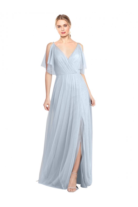 Azzurro cielo Linea A Sottili Scollatura a V Tulle Lunga Abiti da damigella donore Outlet