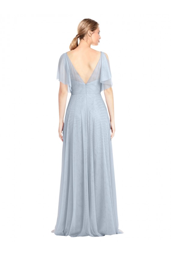 Azzurro cielo Linea A Sottili Scollatura a V Tulle Lunga Abiti da damigella donore Outlet