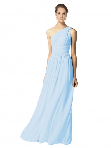 Azzurro cielo Linea A Una spalla Chiffona Lunga Abiti da damigella donore Outlet