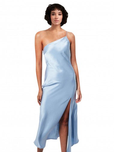 Azzurro cielo Linea A Una spalla Midi Raso Setoso Corto Abiti da damigella donore / Abiti da sera / Abiti da cocktail Outlet
