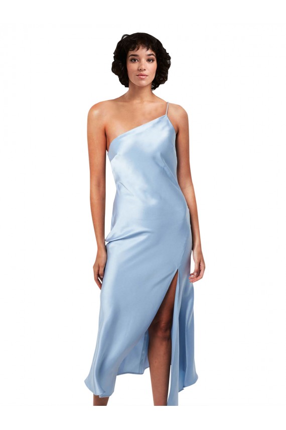 Azzurro cielo Linea A Una spalla Midi Raso Setoso Corto Abiti da damigella donore / Abiti da sera / Abiti da cocktail Outlet