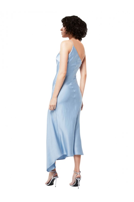 Azzurro cielo Linea A Una spalla Midi Raso Setoso Corto Abiti da damigella donore / Abiti da sera / Abiti da cocktail Outlet