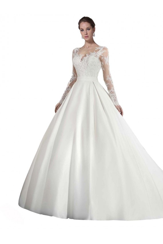 Bianco Linea A Illusione Cattedrale di treno Raso Pizzo Abiti da sposa Outlet