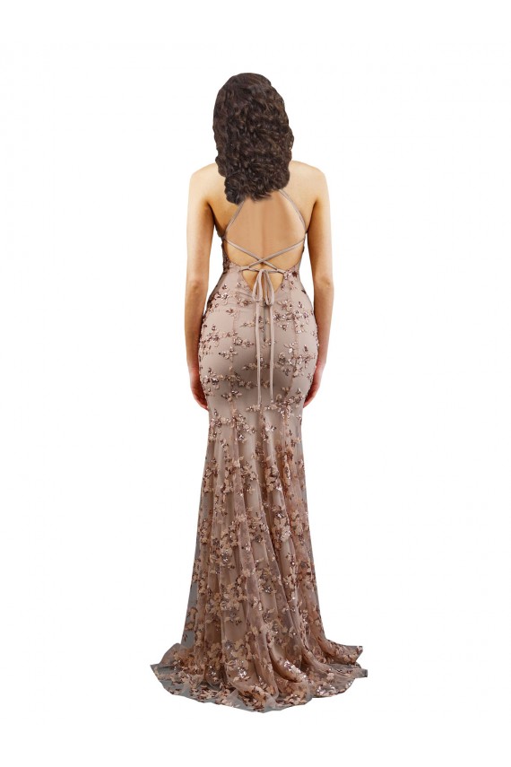 Oro rosa Stile sirena Alto Collo Crespo Elastico Paillettes Tulle Lunga Formali Abiti da damigella donore / Abiti da sera / Abiti da ballo Outlet
