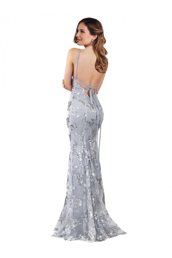 Argento Stile sirena Alto Collo Crespo Elastico Paillettes Tulle Lunga Formali Abiti da damigella donore / Abiti da sera / Abiti da ballo Outlet