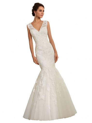 Bianco Stile sirena Scollatura a V Tulle Pizzo Abiti da sposa Outlet