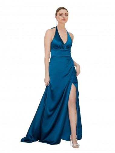 Blu Pavone Linea A Capestro Raso Setoso Lunga Formali Abiti da damigella donore / Abiti da sera / Abiti da ballo Outlet