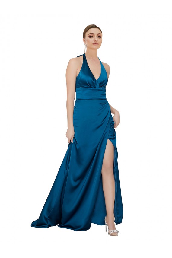 Blu Pavone Linea A Capestro Raso Setoso Lunga Formali Abiti da damigella donore / Abiti da sera / Abiti da ballo Outlet