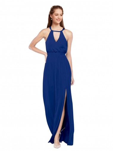 Blu Reale Linea A Alto Collo Chiffona Lunga Abiti da damigella donore Outlet