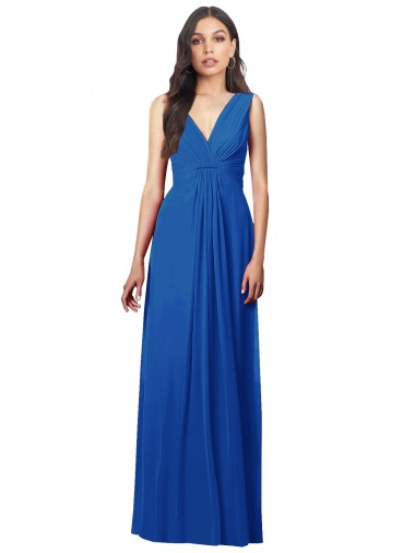 Blu Reale Linea A Scollatura a V Chiffona Lunga Abiti da damigella donore Outlet
