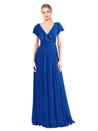 Blu Reale Linea A Scollatura a V Chiffona Lunga Abiti da damigella donore Outlet