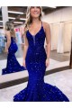 Blu Reale Stile sirena Scollatura a V Paillettes Velluto Lunga Abiti da ballo Outlet