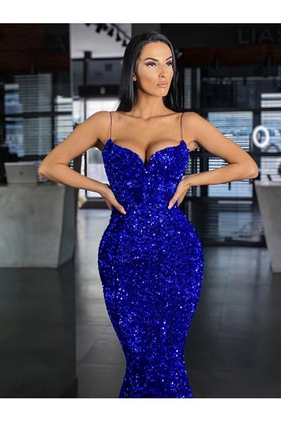 Blu Reale Stile sirena Sottili Sweep treno Paillettes Velluto Lunga Abiti da ballo Outlet