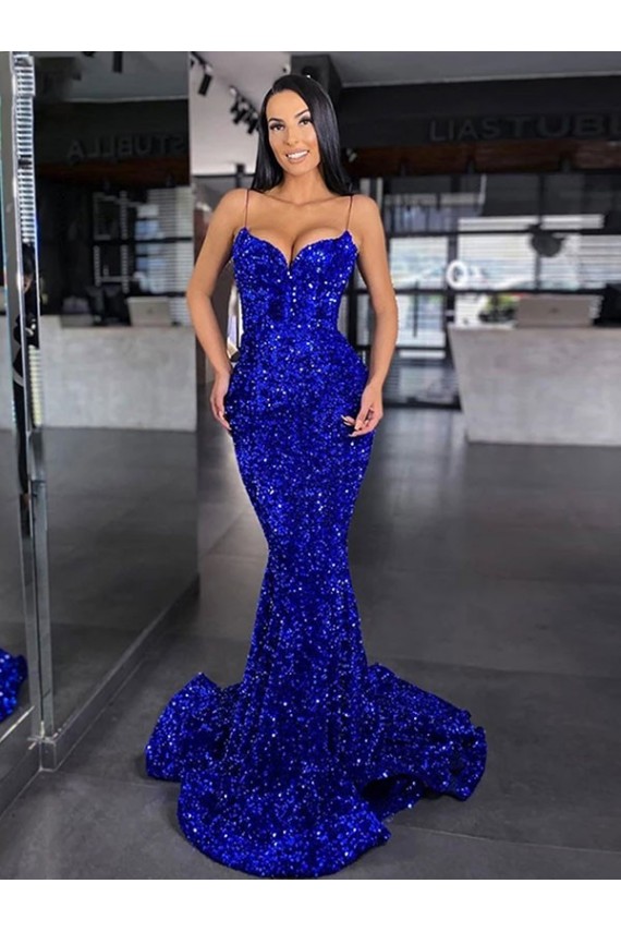 Blu Reale Stile sirena Sottili Sweep treno Paillettes Velluto Lunga Abiti da ballo Outlet