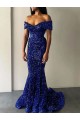 Blu Reale Stile sirena Sweep treno Paillettes Velluto Lunga Abiti da ballo Outlet