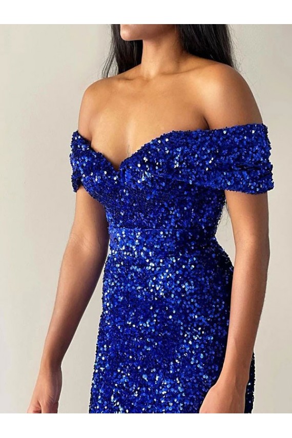 Blu Reale Stile sirena Sweep treno Paillettes Velluto Lunga Abiti da ballo Outlet