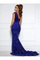 Blu Reale Stile sirena Una spalla Paillettes Velluto Lunga Abiti da ballo Outlet